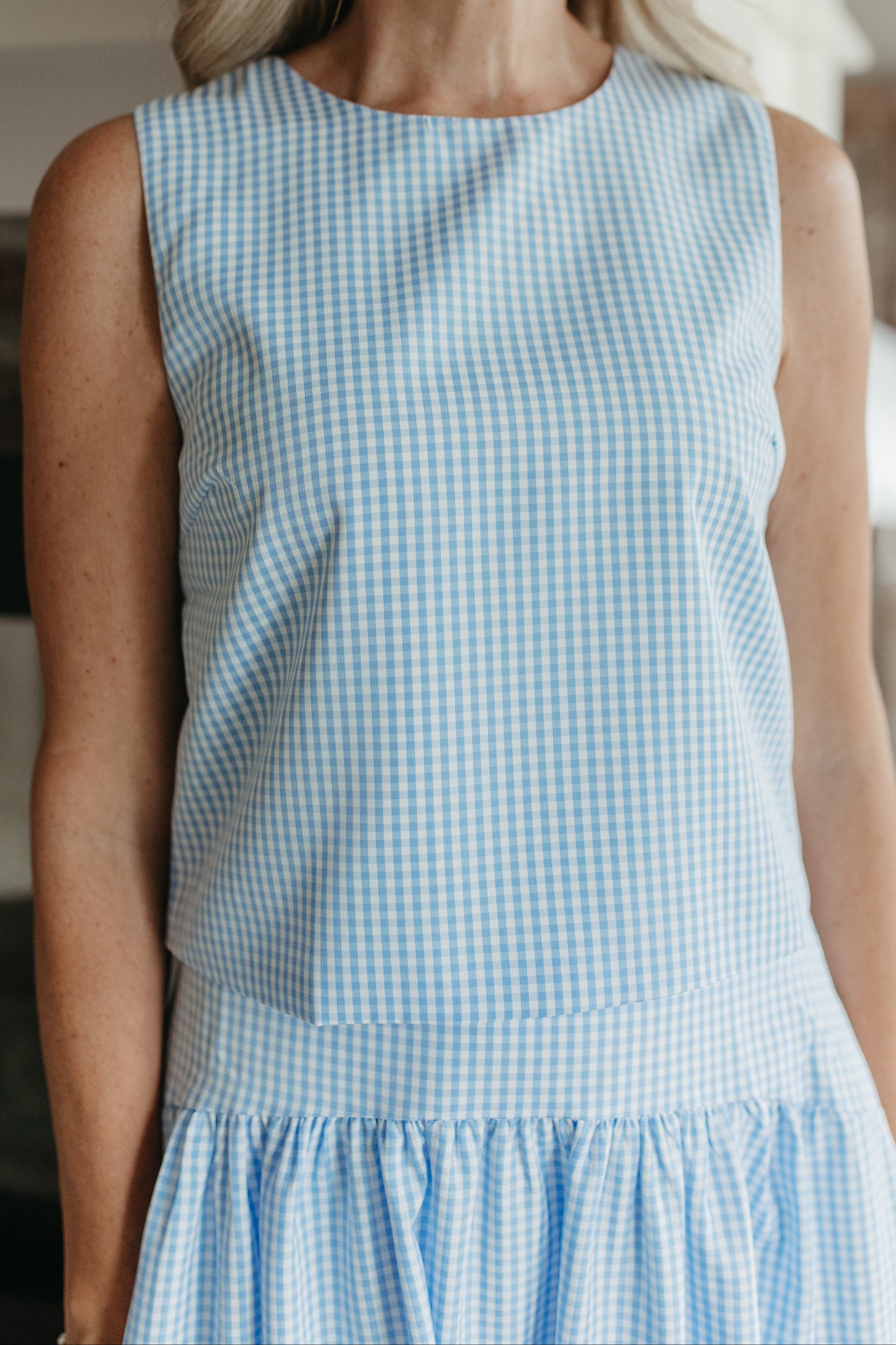 THE PRESLEY GINGHAM TOP IN OCEAN BLUE