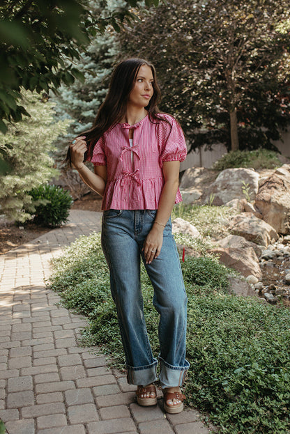 THE DARLENE GINGHAM PUFF SLEEVE BLOUSE IN RED