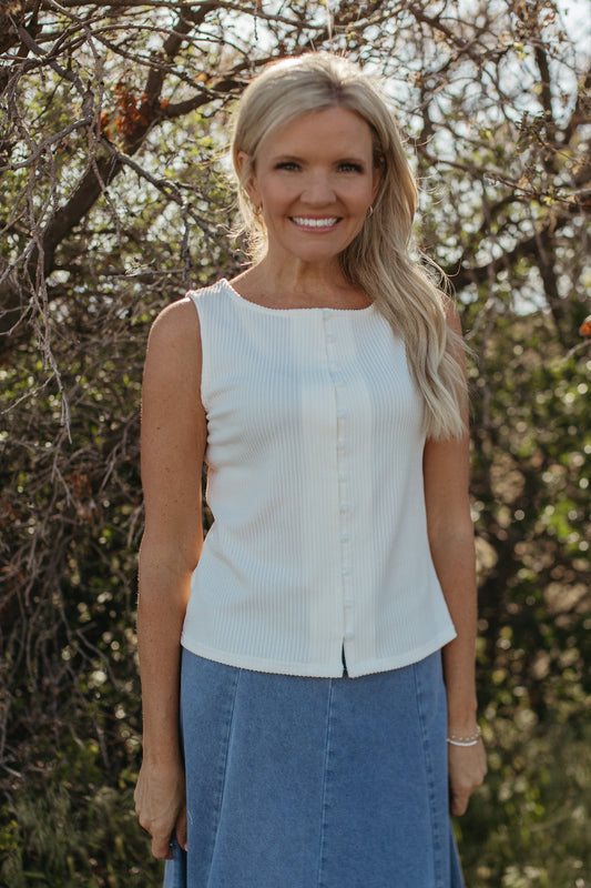 THE SOPHIE TEXTURED BUTTON TANK IN WHITE