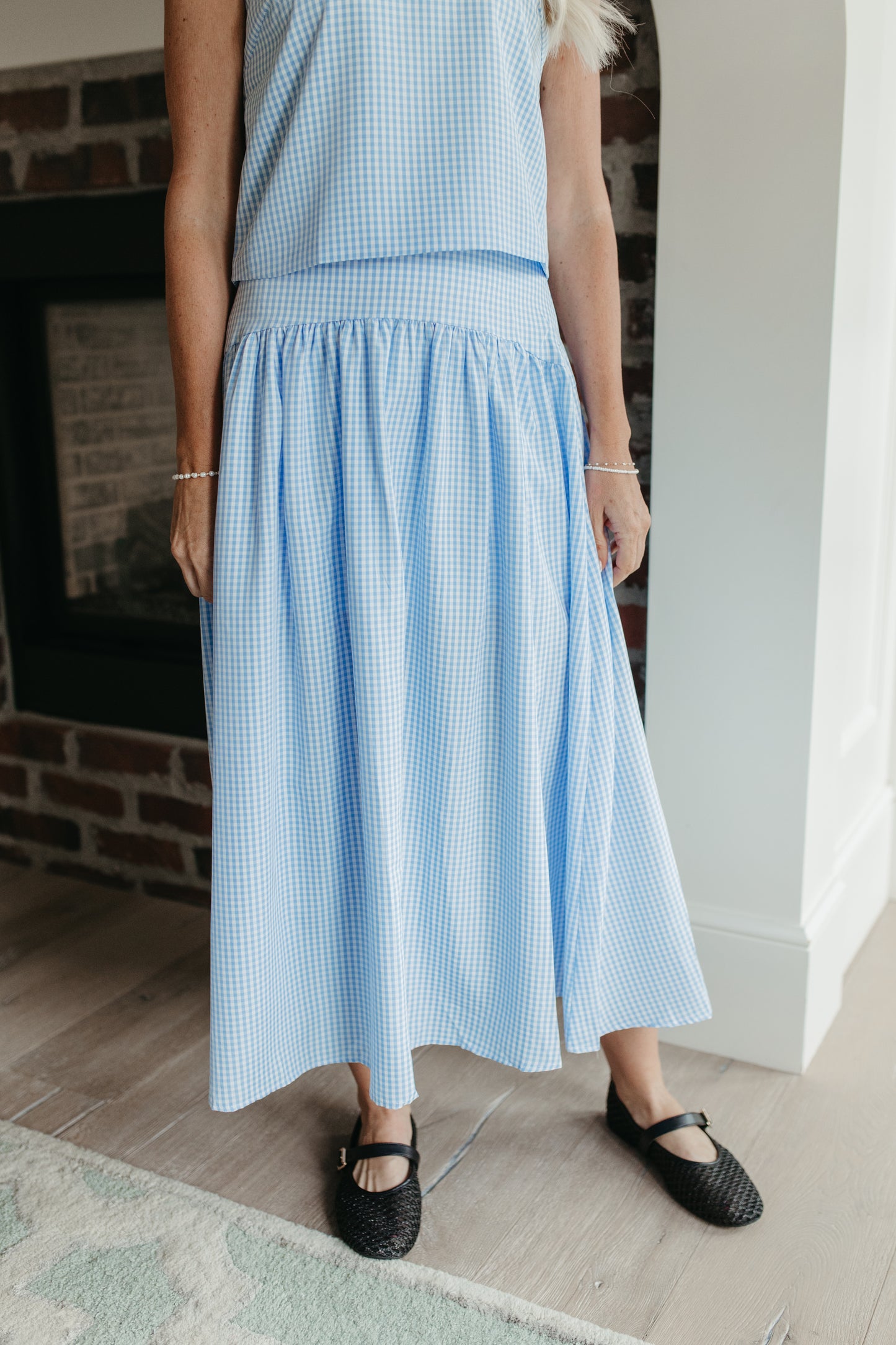 THE PRESLEY GINGHAM MAXI SKIRT IN OCEAN BLUE