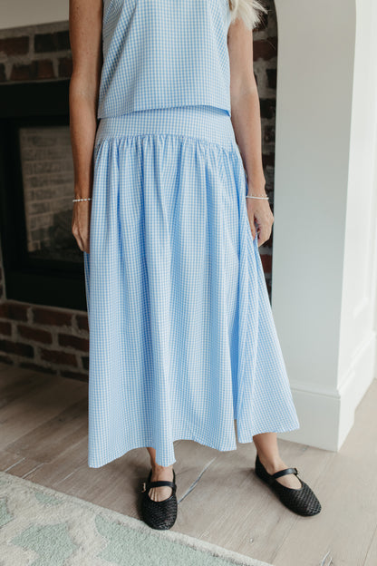 THE PRESLEY GINGHAM MAXI SKIRT IN OCEAN BLUE