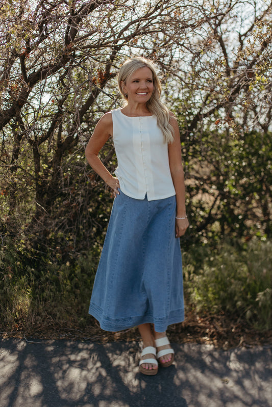THE SOPHIE TEXTURED BUTTON TANK IN WHITE