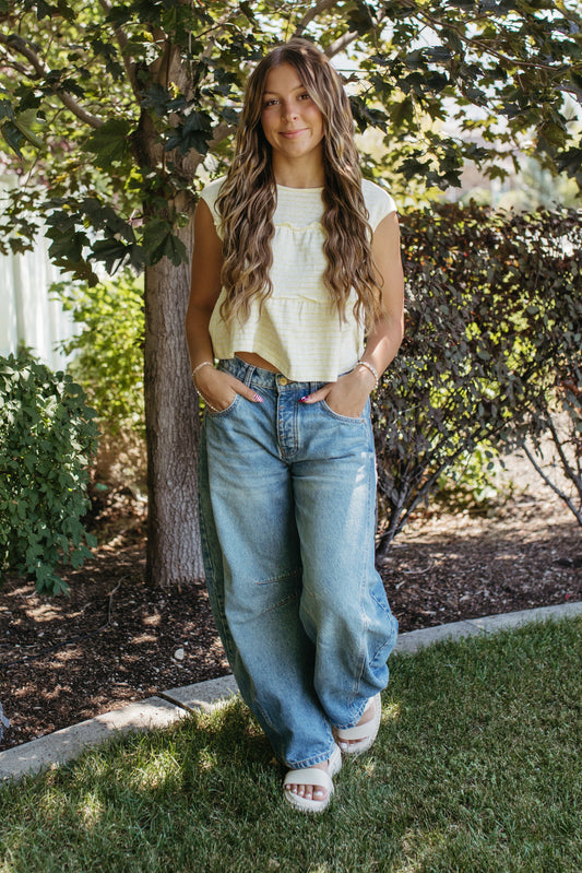 THE DENVER STRIPED TIERED SLEEVELESS TOP IN YELLOW