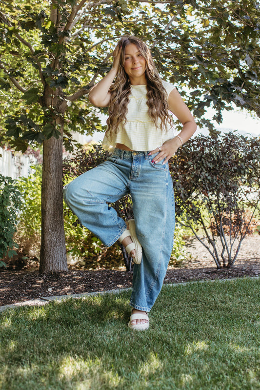 THE DENVER STRIPED TIERED SLEEVELESS TOP IN YELLOW