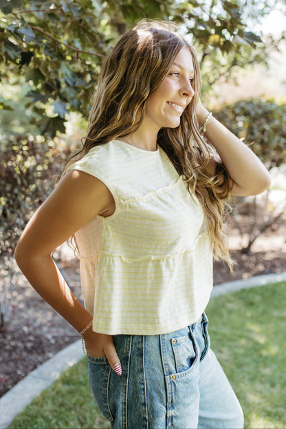 THE DENVER STRIPED TIERED SLEEVELESS TOP IN YELLOW