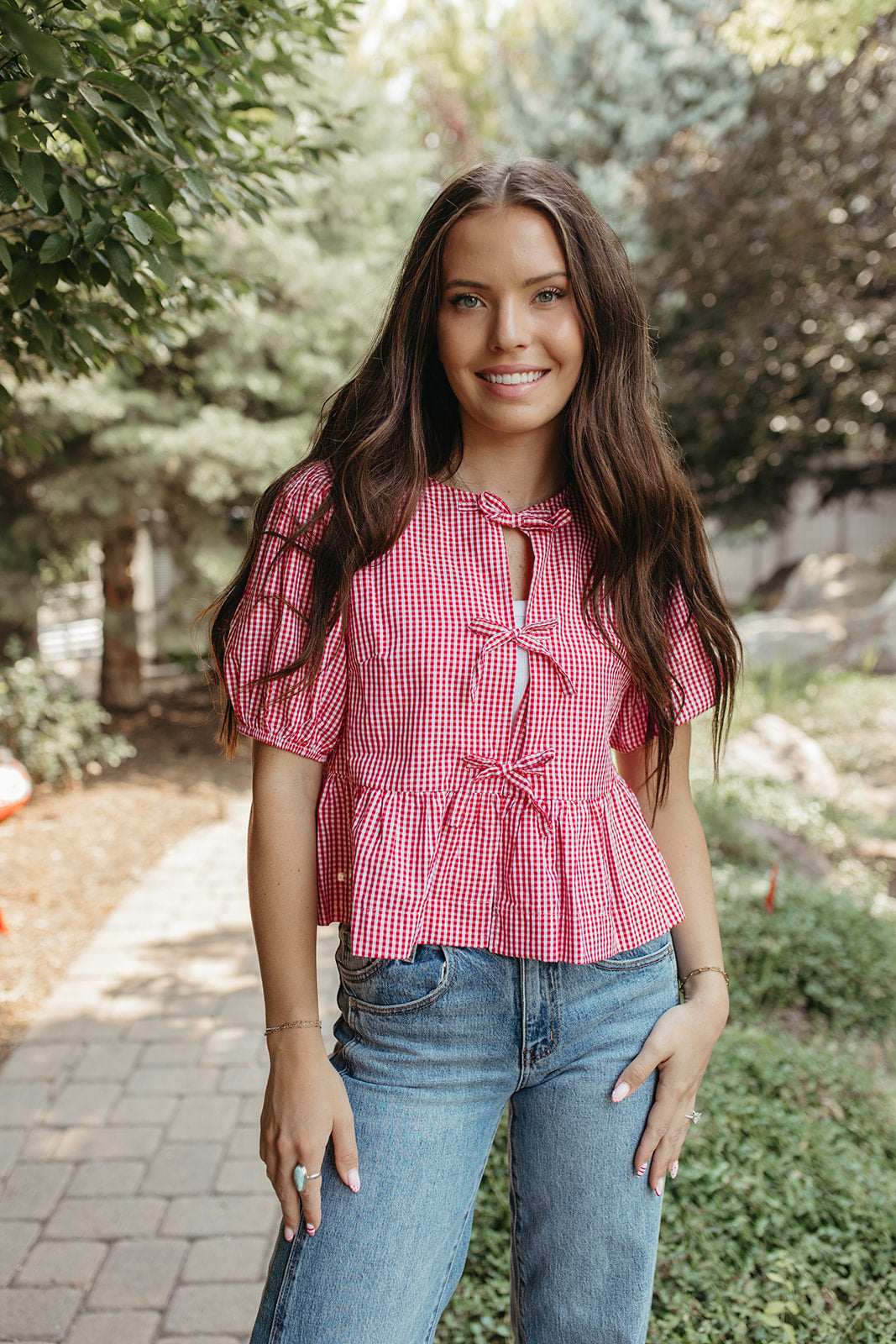 THE DARLENE GINGHAM PUFF SLEEVE BLOUSE IN RED