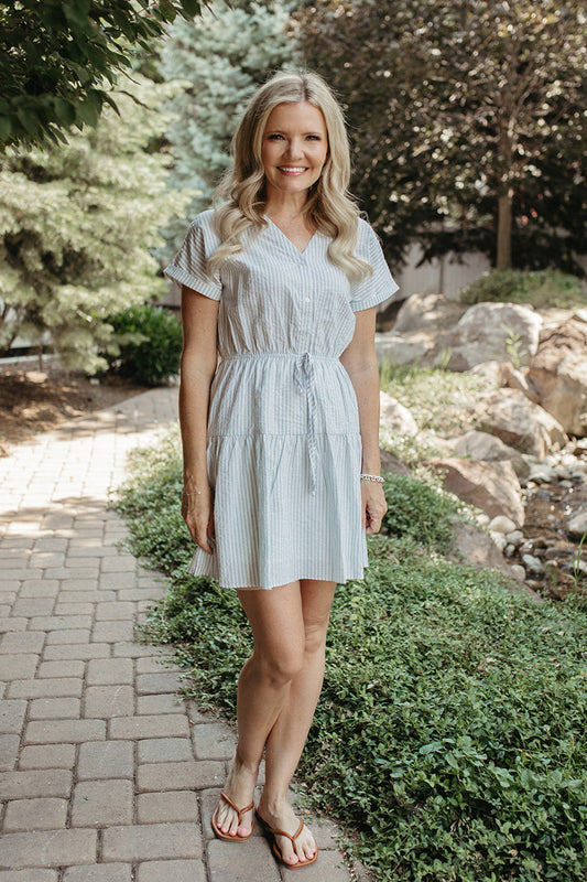 THE JADE PINSTRIPED DRESS IN WHITE