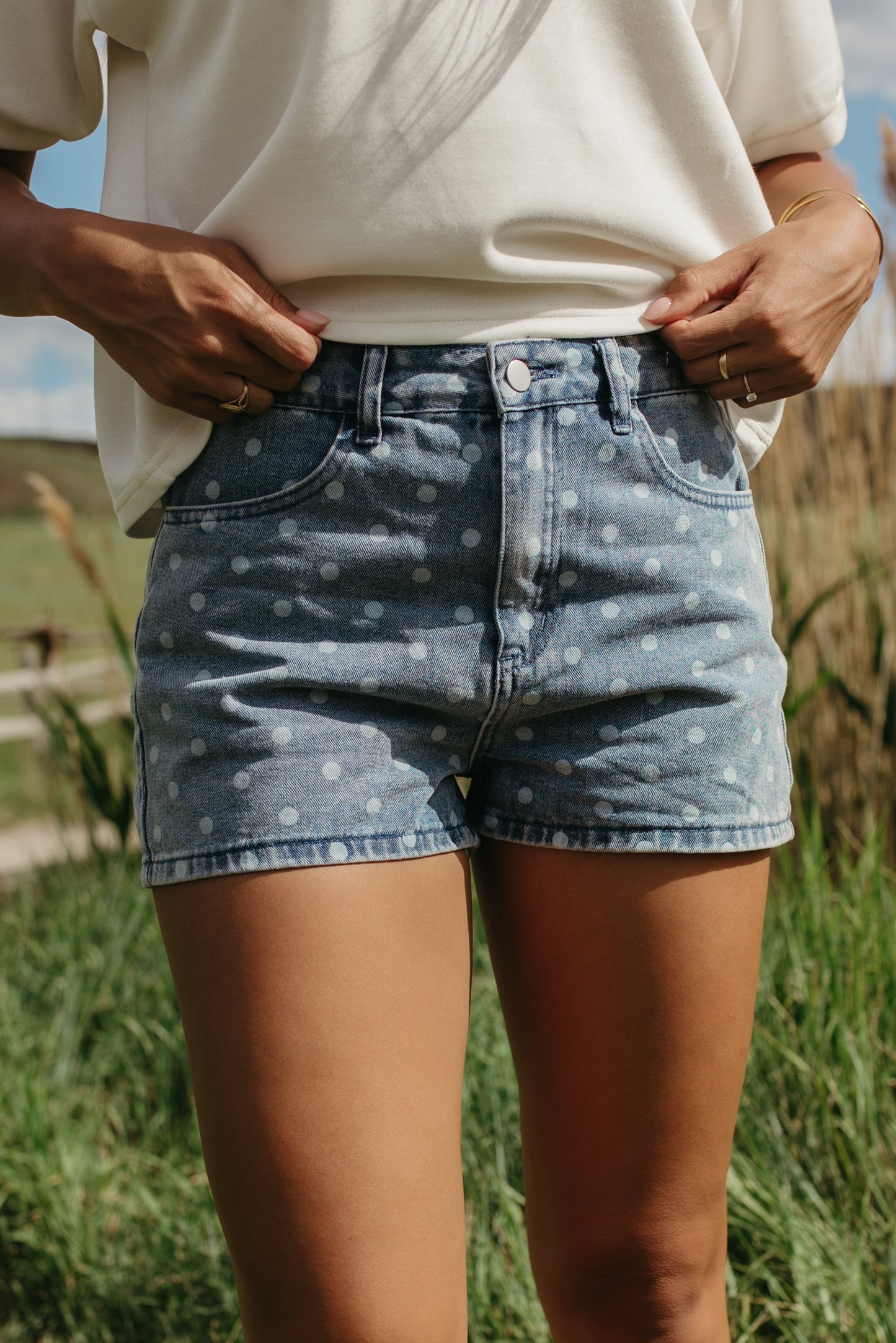 THE GLORIA POLKA DOT SHORTS IN DENIM