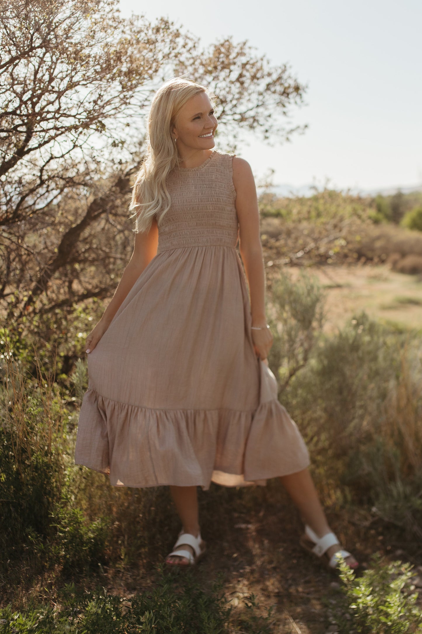 THE AUDREY SMOCKED MIDI DRESS IN SAND