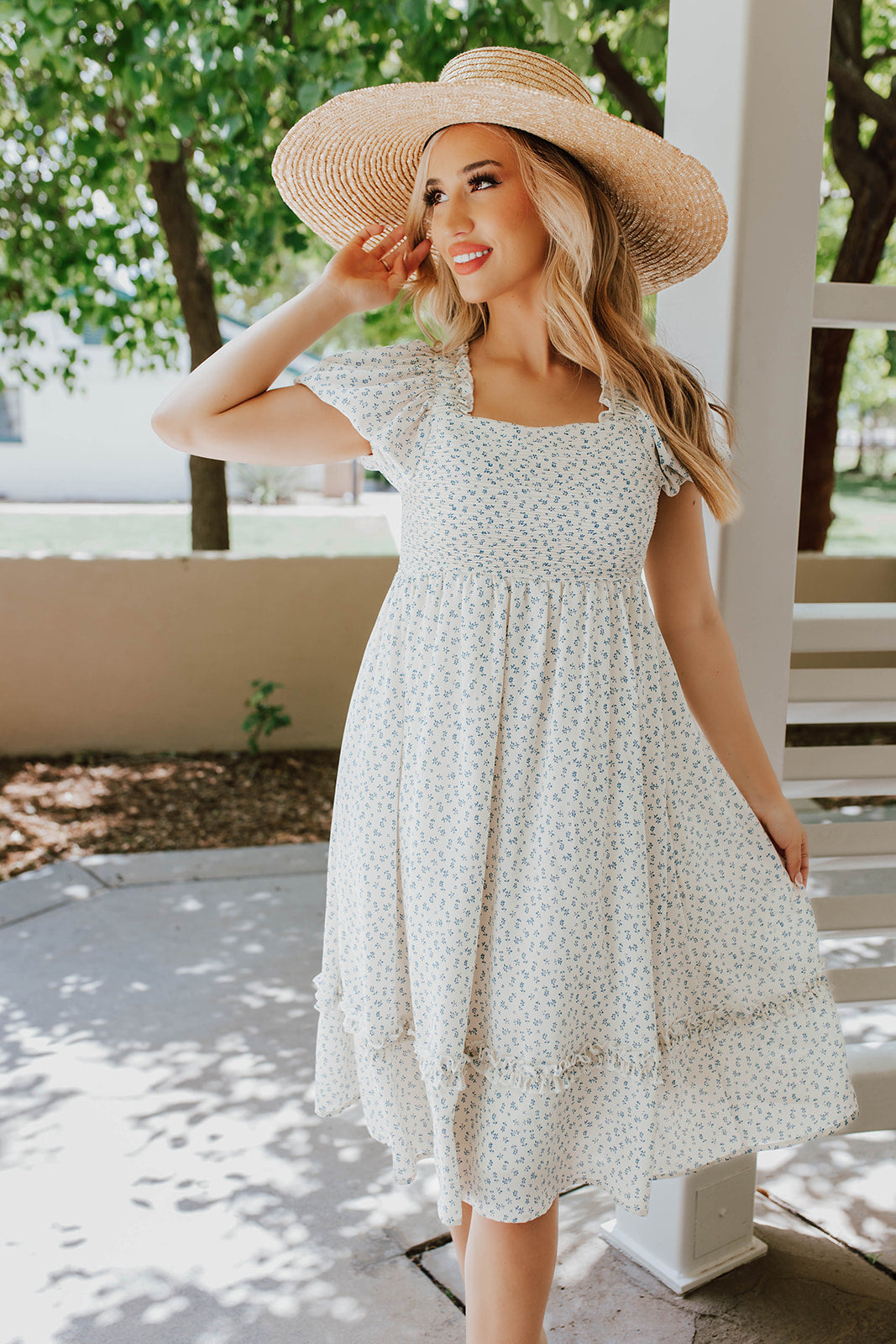THE TEA PARTY DRESS IN DAINTY BLUE FLORAL BY PINK DESERT