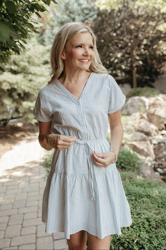 THE JADE PINSTRIPED DRESS IN WHITE