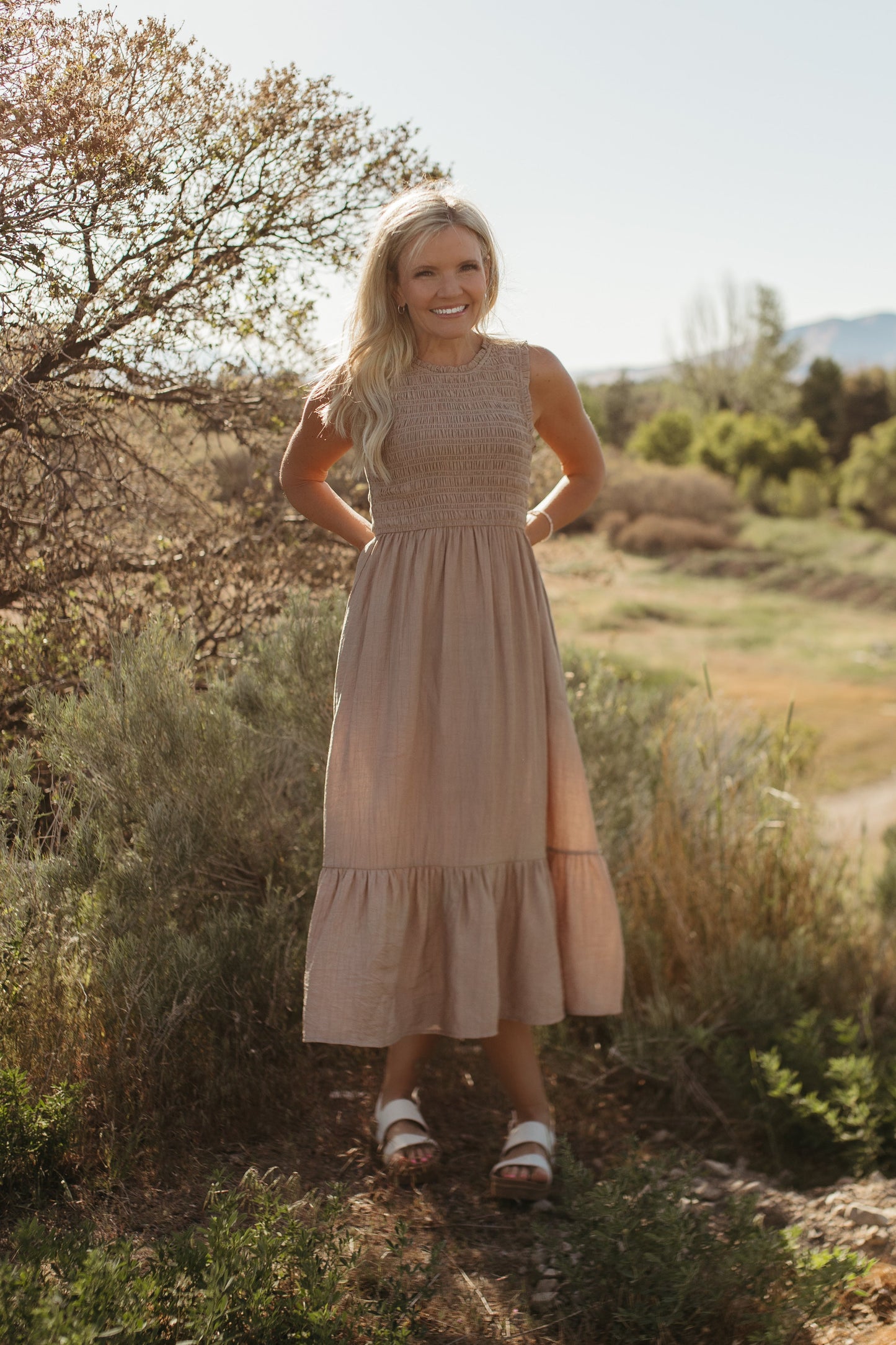 THE AUDREY SMOCKED MIDI DRESS IN SAND