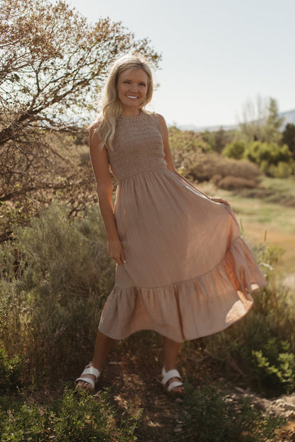 THE AUDREY SMOCKED MIDI DRESS IN SAND