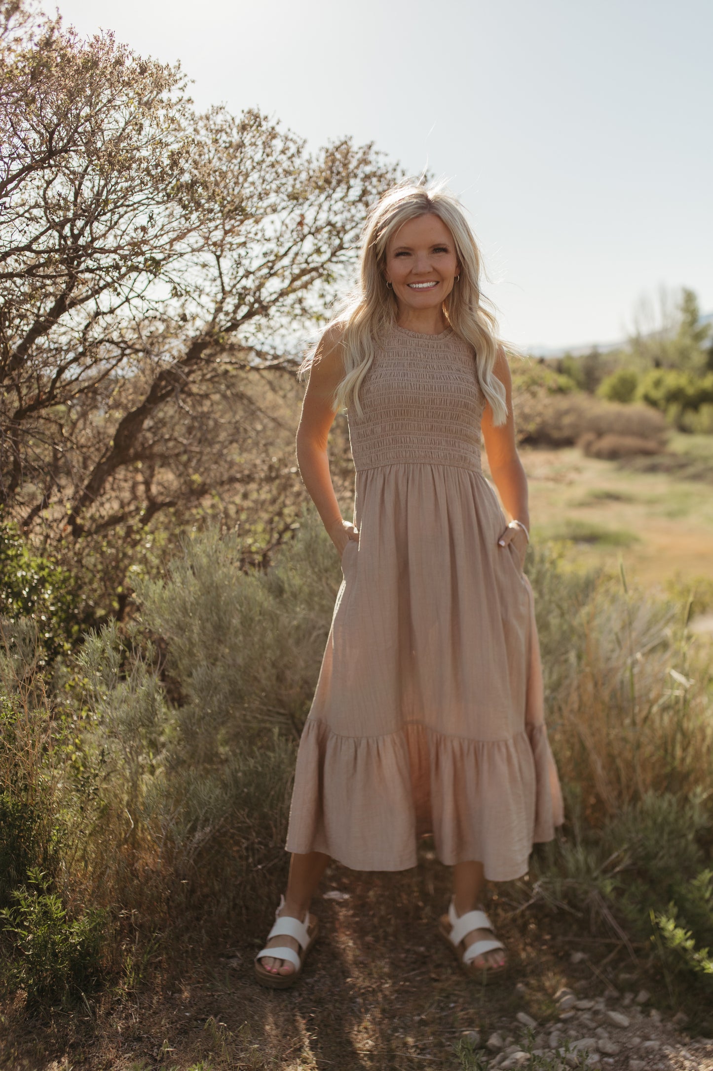THE AUDREY SMOCKED MIDI DRESS IN SAND