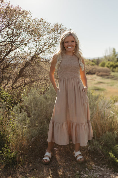 THE AUDREY SMOCKED MIDI DRESS IN SAND