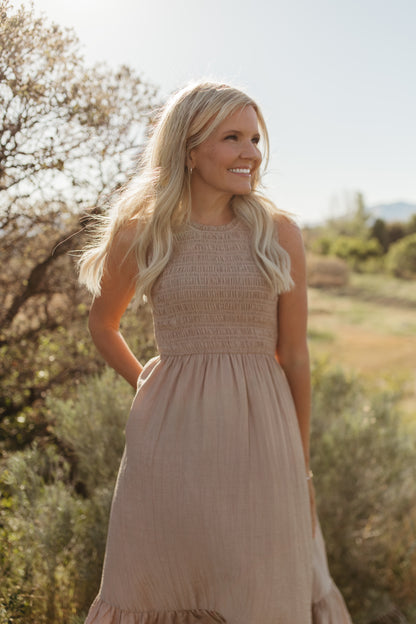 THE AUDREY SMOCKED MIDI DRESS IN SAND