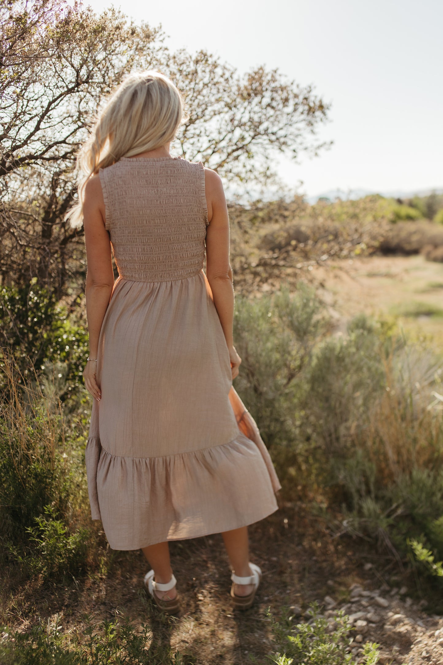 THE AUDREY SMOCKED MIDI DRESS IN SAND