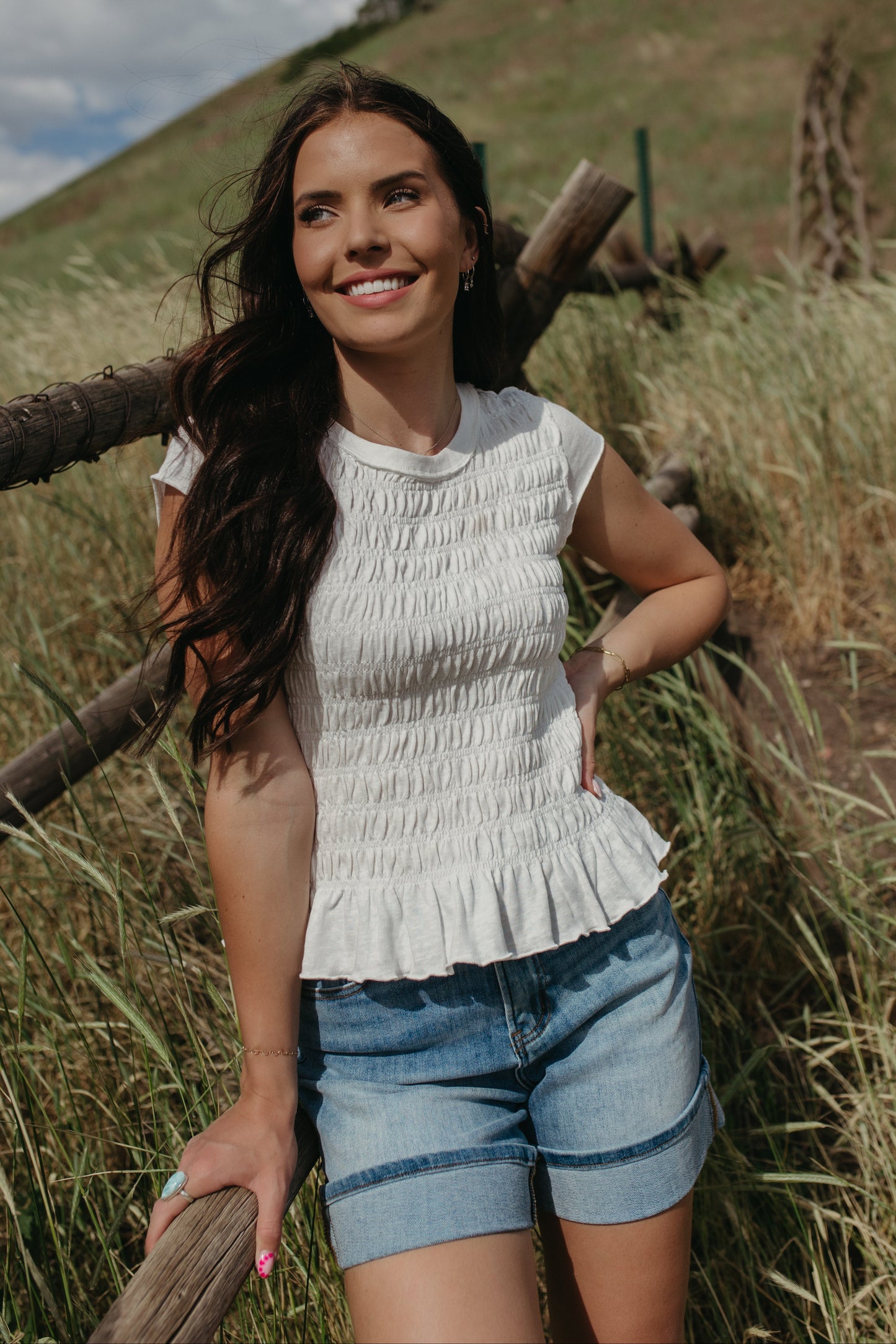 THE CLAUDIA RUCHED RUFFLED HEM TOP IN WHITE
