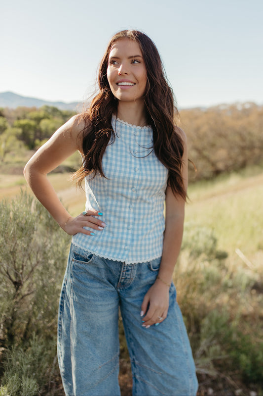 THE LAUREL GINGHAM VEST TOP IN BLUE