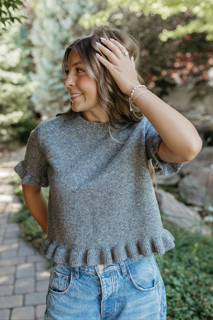 THE CAMERON RUFFLE KNIT TEE IN HEATHER GREY