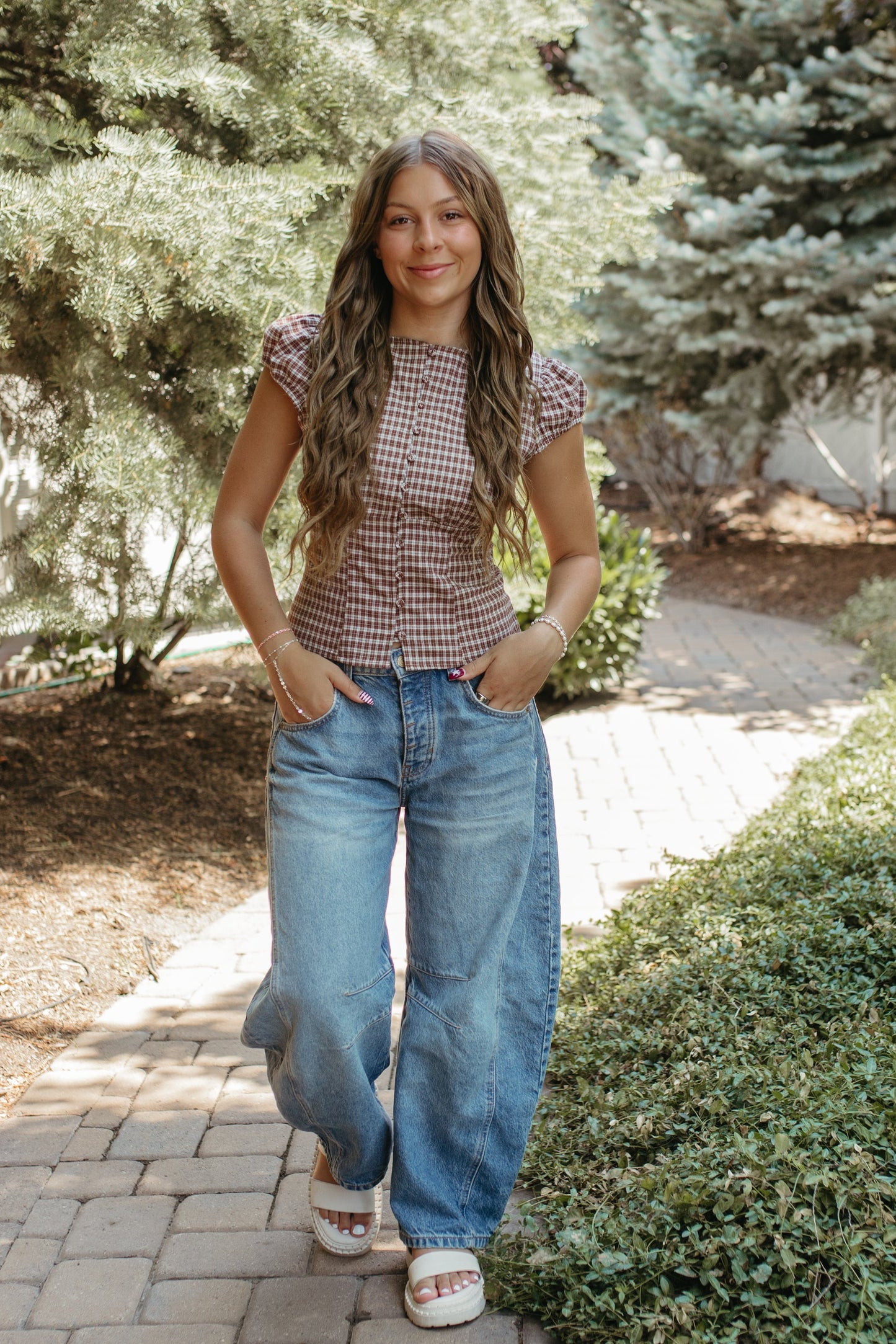THE COLBIE PLAID PUFF SLEEVE BUTTON TOP IN DARK BROWN