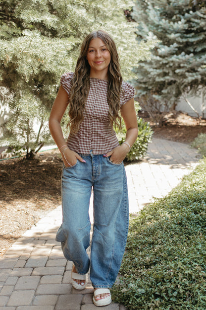 THE COLBIE PLAID PUFF SLEEVE BUTTON TOP IN DARK BROWN