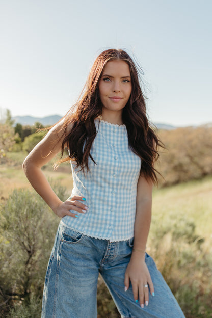 THE LAUREL GINGHAM VEST TOP IN BLUE