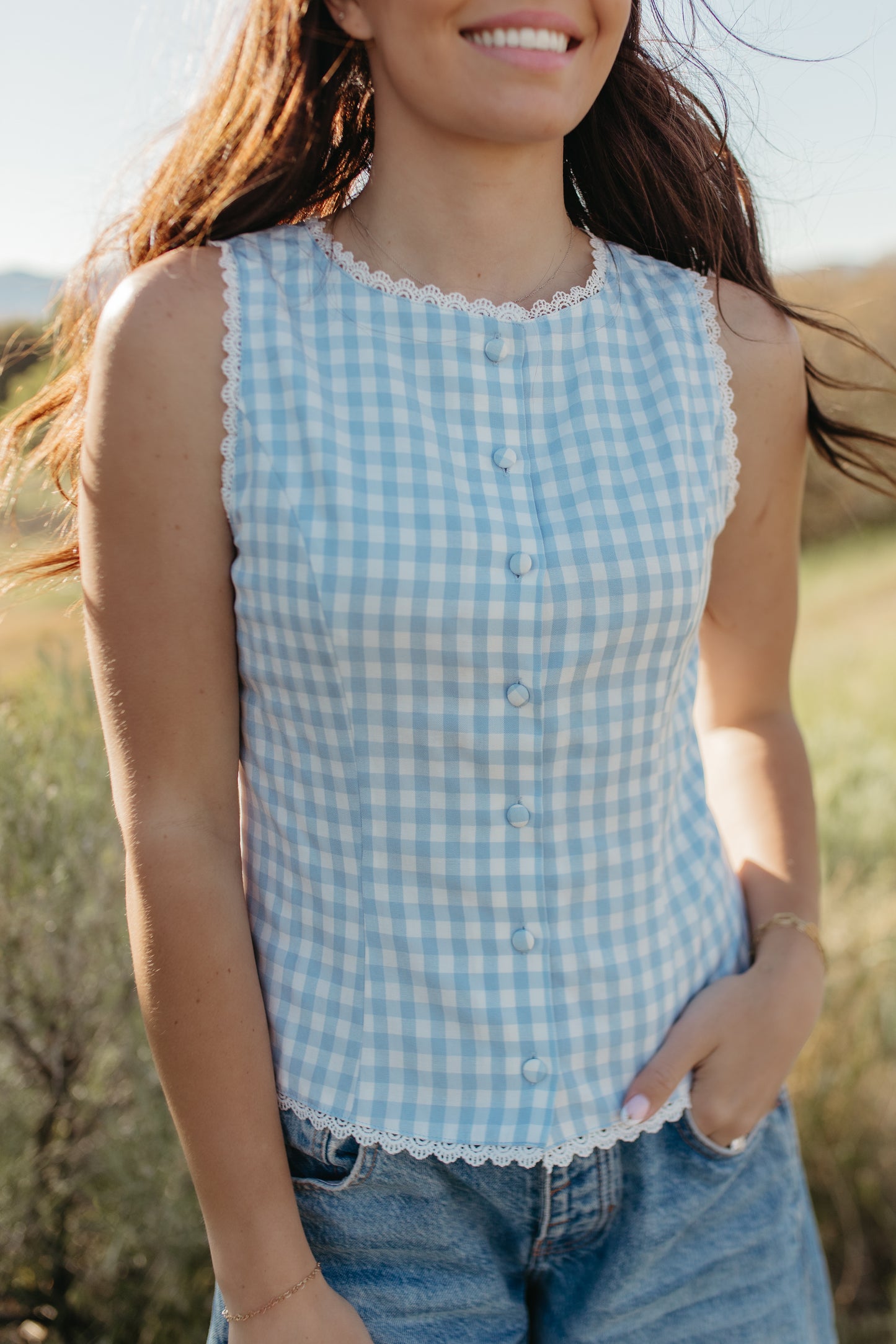 THE LAUREL GINGHAM VEST TOP IN BLUE