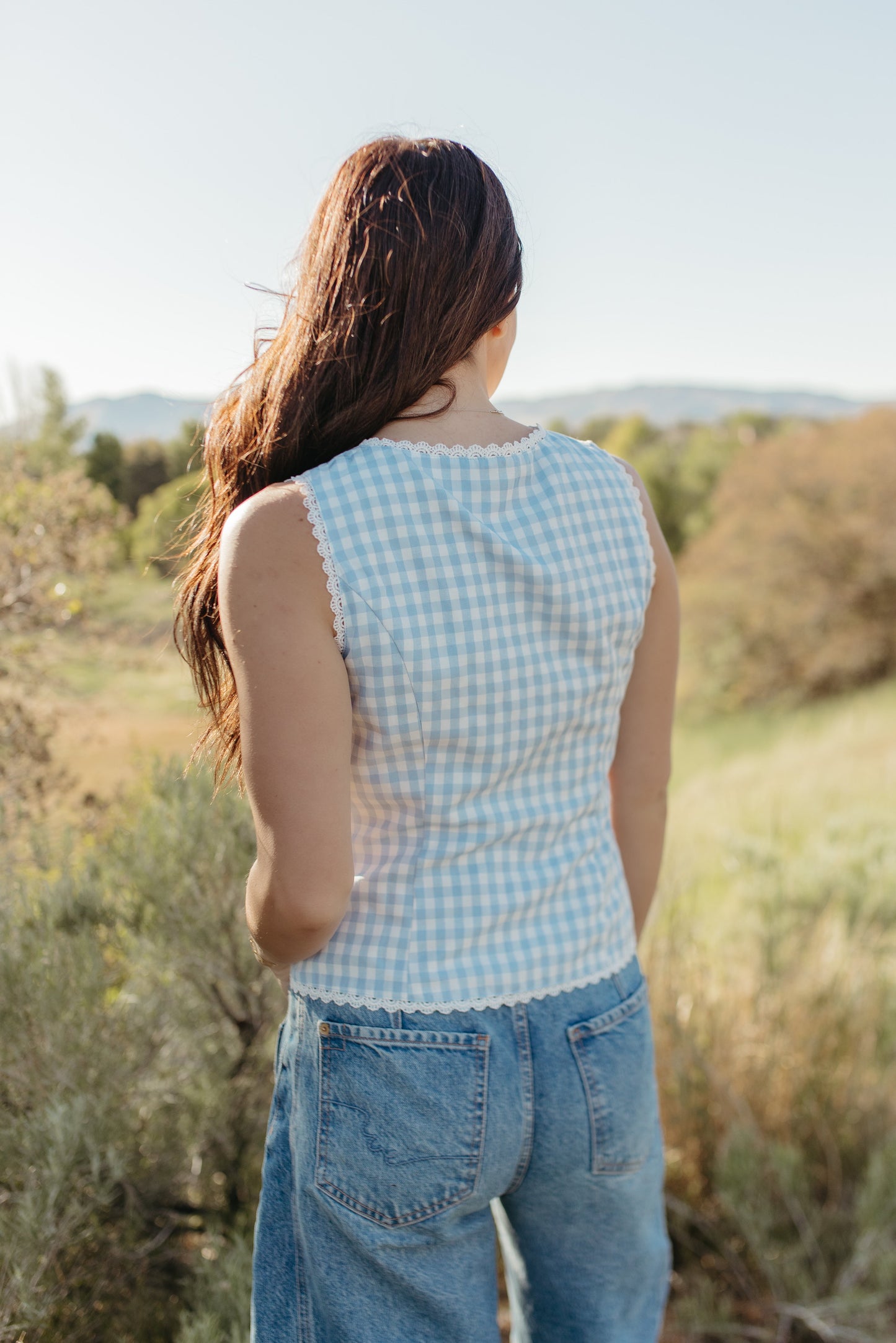 THE LAUREL GINGHAM VEST TOP IN BLUE