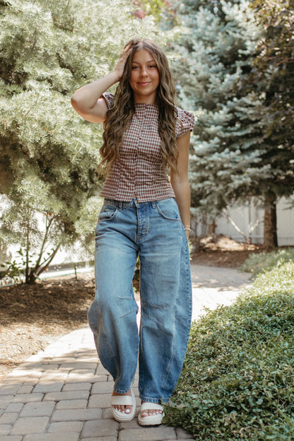 THE COLBIE PLAID PUFF SLEEVE BUTTON TOP IN DARK BROWN