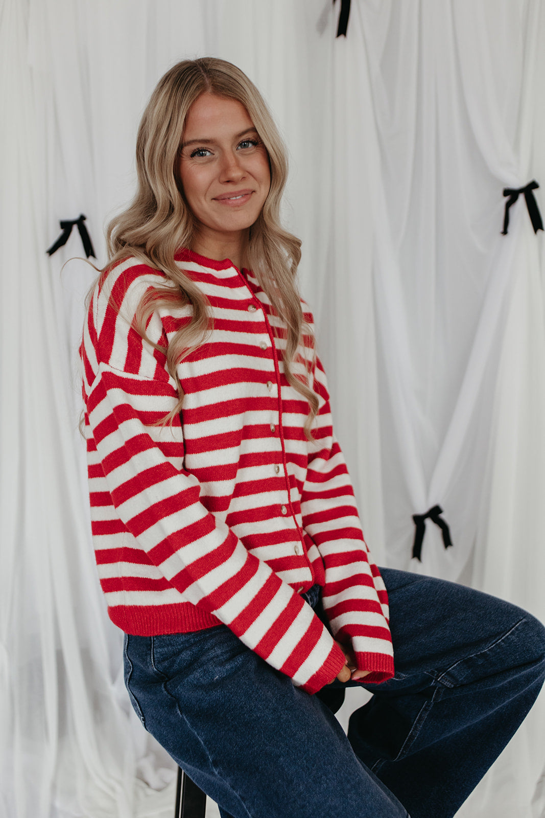 THE CALLIE STRIPED CARDIGAN IN RED