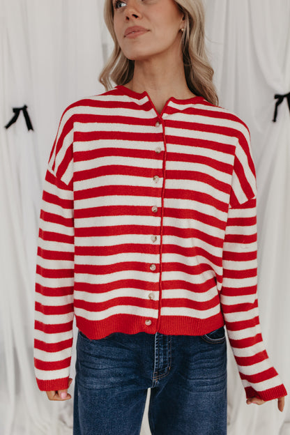 THE CALLIE STRIPED CARDIGAN IN RED
