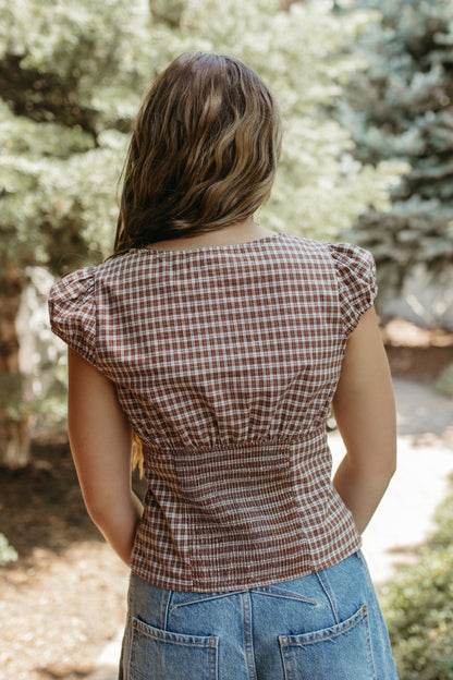 THE COLBIE PLAID PUFF SLEEVE BUTTON TOP IN DARK BROWN