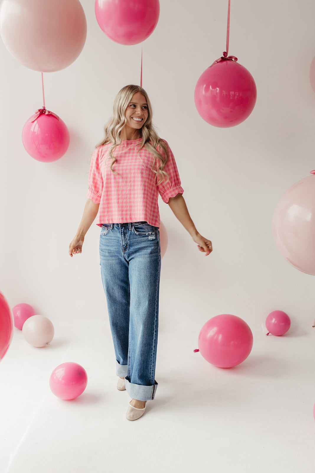THE LOLA PLAID SCALLOP SLEEVE BLOUSE IN PINK