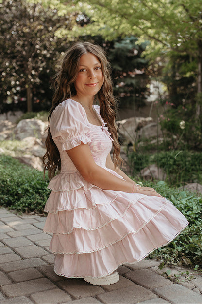 THE DULCE TIERED SMOCKED RUFFLE DRESS IN PINK