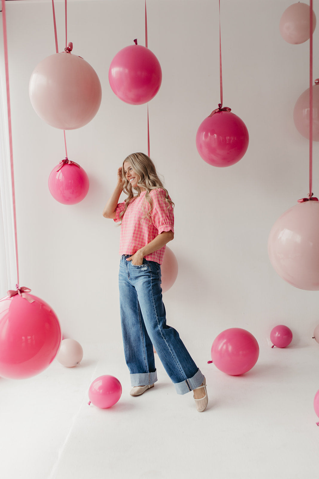 THE LOLA PLAID SCALLOP SLEEVE BLOUSE IN PINK