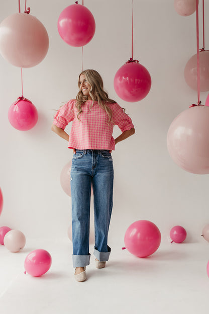 THE LOLA PLAID SCALLOP SLEEVE BLOUSE IN PINK