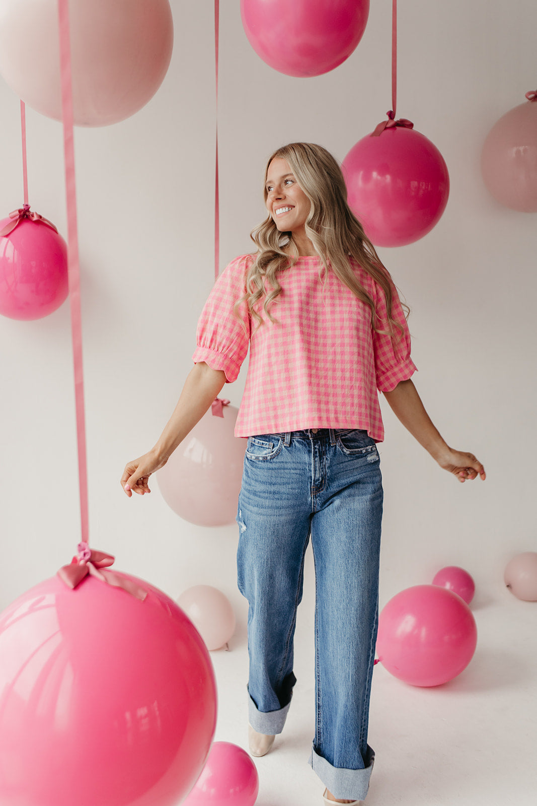 THE LOLA PLAID SCALLOP SLEEVE BLOUSE IN PINK