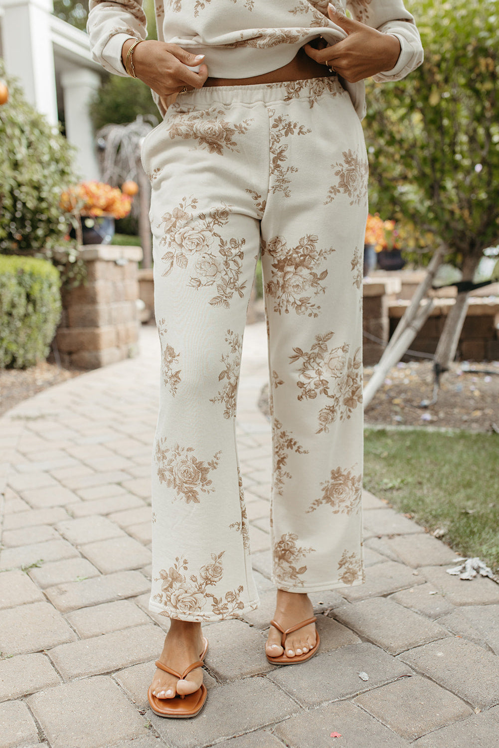 The April Floral Wide Leg Knit Pants in Khaki, photo 1 of 4