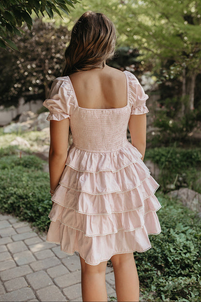THE DULCE TIERED SMOCKED RUFFLE DRESS IN PINK