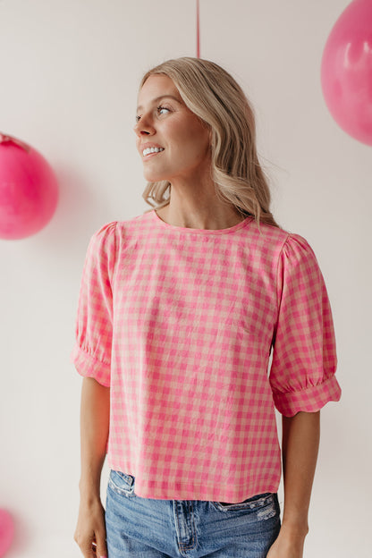 THE LOLA PLAID SCALLOP SLEEVE BLOUSE IN PINK