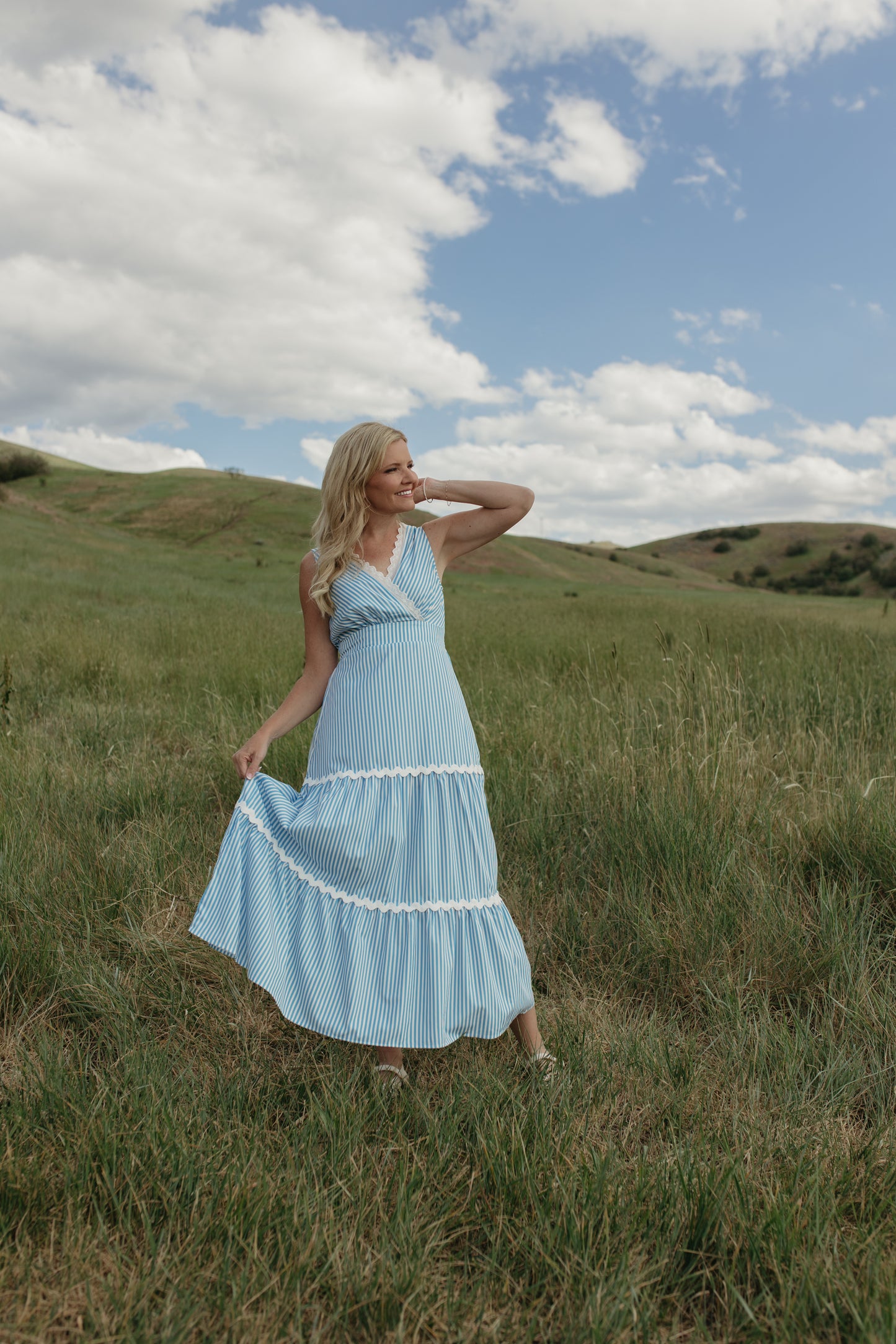 THE PAULINA V-NECK BLUE STRIPED DRESS