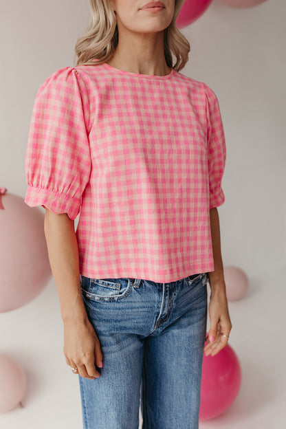 THE LOLA PLAID SCALLOP SLEEVE BLOUSE IN PINK
