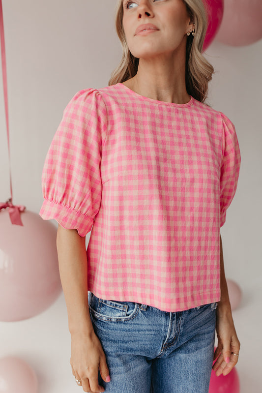 THE LOLA PLAID SCALLOP SLEEVE BLOUSE IN PINK