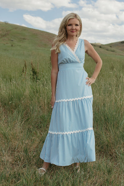 THE PAULINA V-NECK BLUE STRIPED DRESS