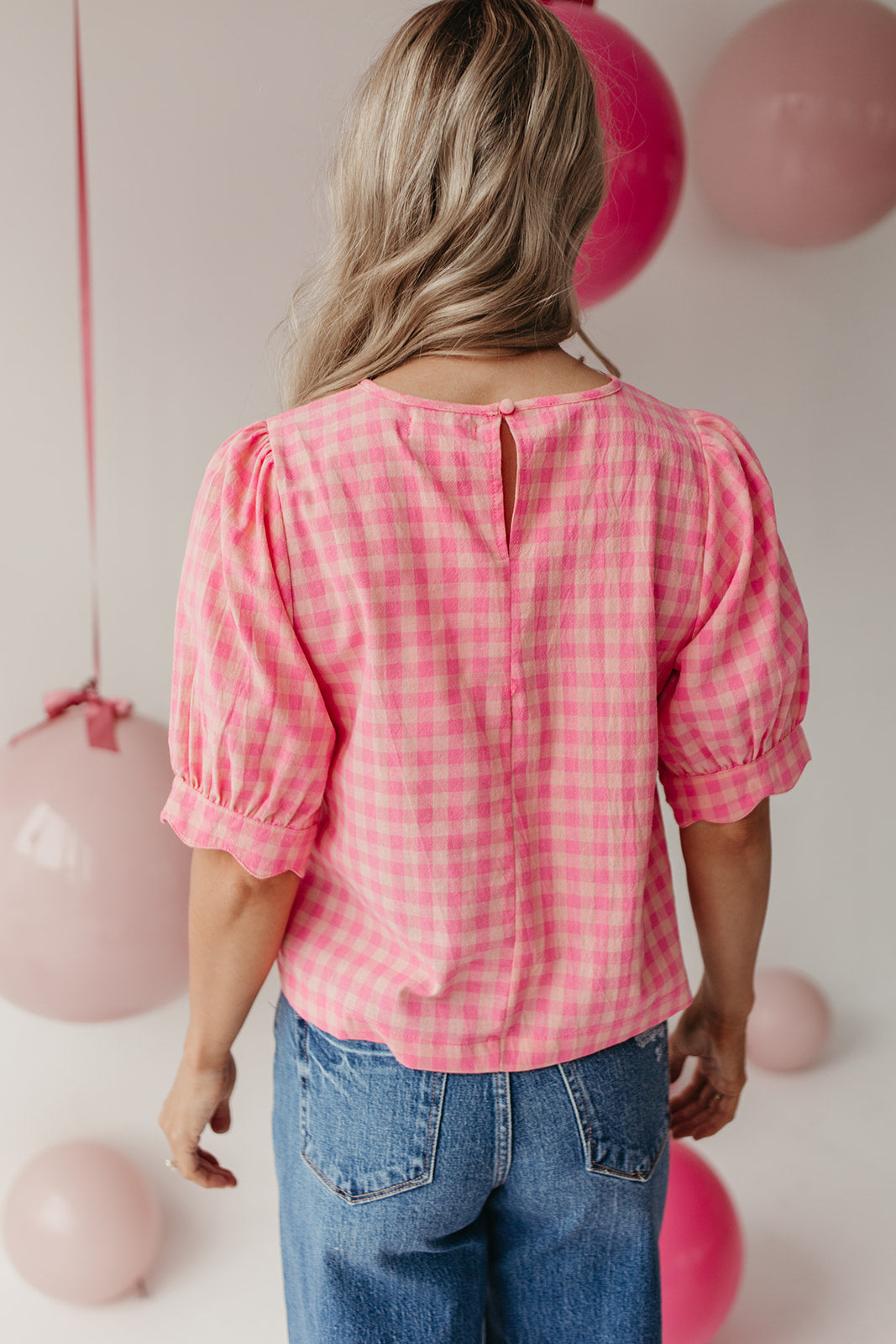 THE LOLA PLAID SCALLOP SLEEVE BLOUSE IN PINK