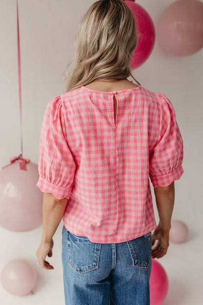 THE LOLA PLAID SCALLOP SLEEVE BLOUSE IN PINK