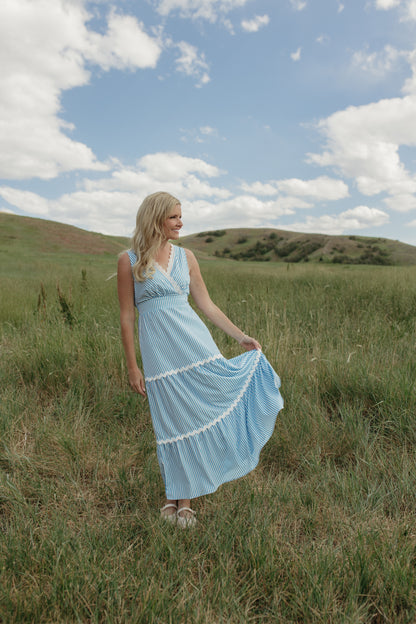 THE PAULINA V-NECK BLUE STRIPED DRESS