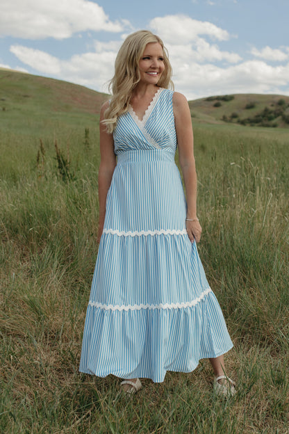 THE PAULINA V-NECK BLUE STRIPED DRESS