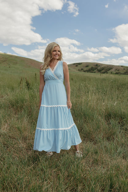 THE PAULINA V-NECK BLUE STRIPED DRESS